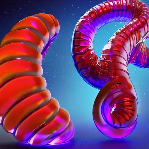 Prompt: a futuristic robotic gummi worm. dramatic product lighting. it's a gummi with extra juiciness. but it's also a worm. ick. in a magical side alley, the worm is on display in a trendy food truck. digital art, sci - fi, fantasy, fairytale, 4 k.