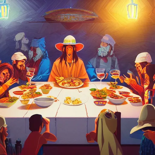 Prompt: the last supper in a mexican restaurant, sombrero, ponchos, by dan mumford, yusuke murata, makoto shinkai, ross tran, cosmic, heavenly, god rays, intricate detail, cinematic, 8 k, cel shaded, unreal engine, featured on artstation, pixiv