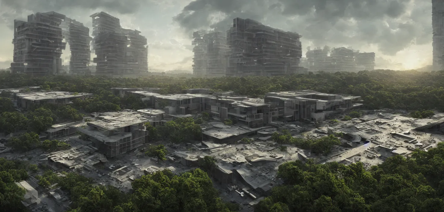 Prompt: brutalist architecture, surrounded by lush green vegetation, stunning volumetric lighting, sunset, metal, concrete, translucent material, scattered rubbish and debris, stunning skies, 8k, photorealistic, hyper detailed, unreal engine 5, IMAX quality, cinematic, epic lighting, digital painting in the style of DOOM, by Greg Rutkowski, trending on Artstation