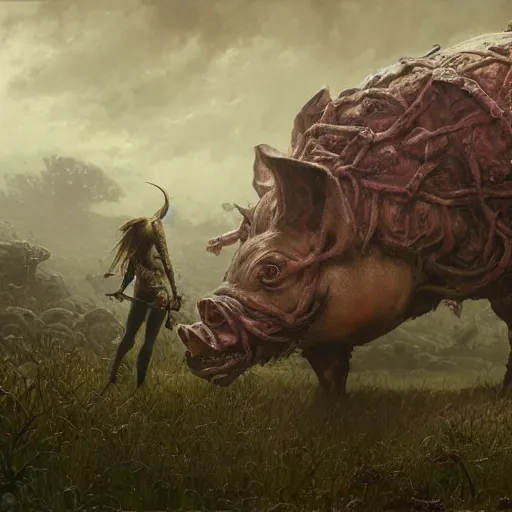 Prompt: A giant pig-monster made of grotesque things in Elden Ring, fullbody, intricate, demonic, video game art, highly detailed, artstation, green field with village ruins, concept art, smooth, sharp focus, illustration, art by greg rutkowski and orientalism and bouguereau and Zdzislaw Beksinski, good clear quality, lighting, biology, symmetrical artwork, perfect face, 135 mm, cinematic, hyper realism, high detail, octane render, 8k, chrome accents