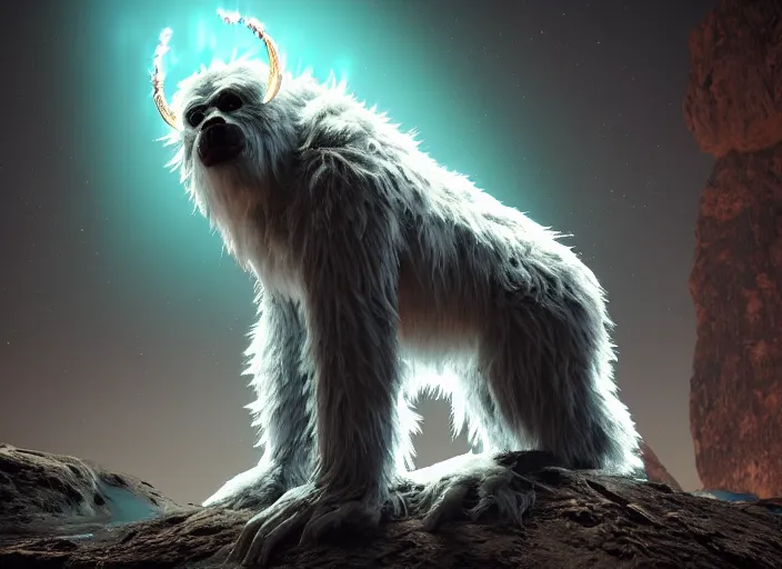 Prompt: bioluminescent furry yeti on a angelic biome, fantasy, hyper realism, wet reflections, intricate, digital art, detailed, studio shot, unreal engine 5, octane, high definition, smooth, artstation, behance