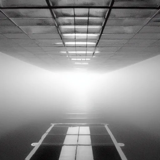 Prompt: Beautiful Fuzzy wide-eye-lens 15mm, harsh flash, cameraphone 2000s, Photograph of foggy school stairs with water on the floor