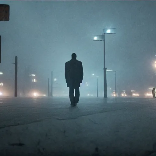 Prompt: empty street Bladerunner 2049 still snowing winter cool lighting soft dark shadows snow melancholic hazy atmospheric lighting volumetric beautiful Roger Deakins Cinematography Jeremy Saulnier