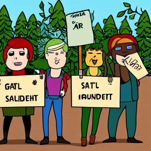 Prompt: A gta styled illustration of a group of snails holding a sign, protesting in the forest. Photograph