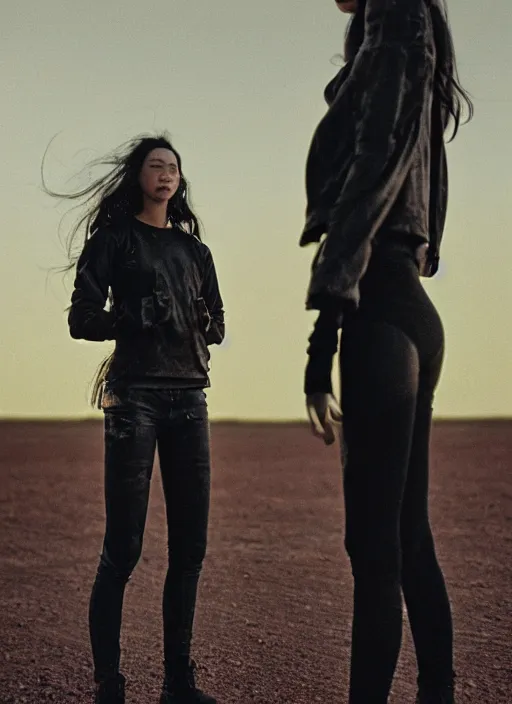 Image similar to cinestill 5 0 d photographic portrait of two loving female androids wearing rugged black techwear on a desolate plain with a red sky, extreme closeup, lizard on ground, cyberpunk style, in front of a brutalist dark metal facility, dust storm, 3 5 mm, 8 k, hd, high resolution, f / 3 2, ultra realistic faces