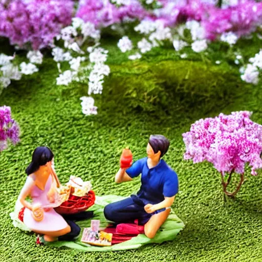 Prompt: a miniature diorama model of a couple having a picnic in a Tokyo park