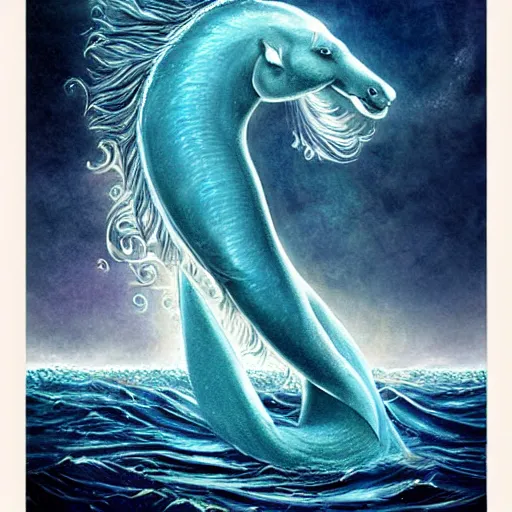 Image similar to a beautiful, celestial, oceanic hippocampus rising from the sea, fantasy art,