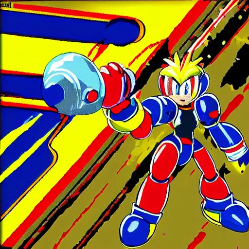 Prompt: Megaman X firing a yellow bubble at Sonic the Hedgehog, Splatter Paint style, Painted By Akihiko Yoshida