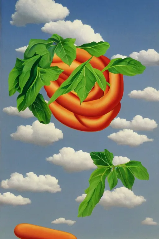 Prompt: Rene Magritte's Son Of Man painting of a bright hotdog vine growing in the clouds, the hotdog has a stem and leaves and is growing more unripe pink hotdogs on the hotdog vine, a baguette and a lobster can be seen in the sky behind