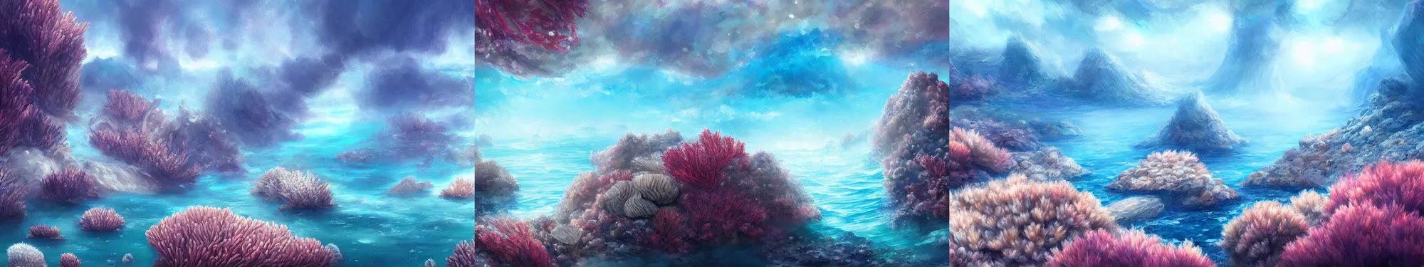 Prompt: landscape, corals, nacre, sea, white, iridescent. fantasy, digital painting, hd, detailed.