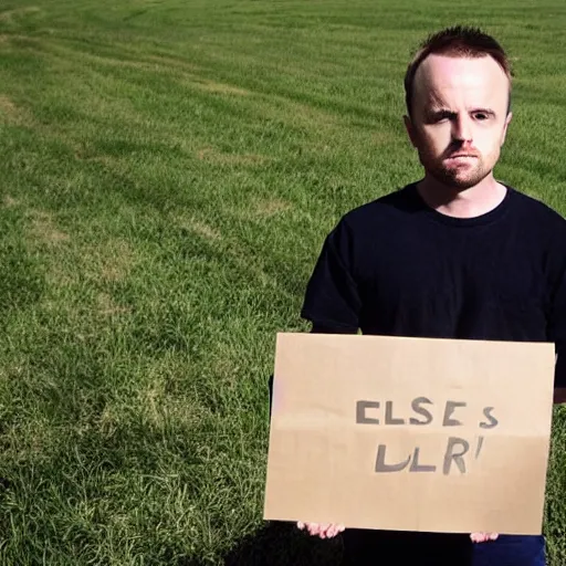 Prompt: jesse pinkman holding a blank sign closeup