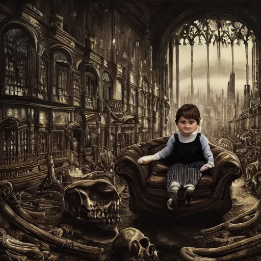 Image similar to a photo of young sad victorian gothic child with big eyes and wide grin sitting on a sofa of bones surrounded by a cyber futuristic cityscape made of human body parts by dan mumford, ultra detailed, 8 k resolution, beautiful lighting, expansive detailed layered city, landscape, 5 0 mm