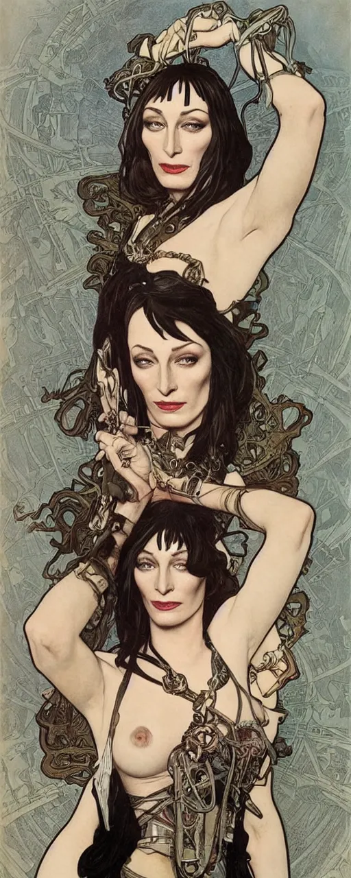 Prompt: striking sensual cartoon art nouveau style portrait of anjelica huston as an industrial crustpunk rebel soldier by glenn fabry, simon bisley and alphonse mucha, photorealism, extremely hyperdetailed, perfect symmetrical facial features, perfect anatomy, ornate declotage, spikes, latex, excited expression, wild eyes