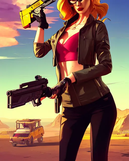 Image similar to portrait of femme fatale with pistol, gta v cover art, borderlands style, celshading, trending on artstation, by rhads, andreas rocha, rossdraws, makoto shinkai, laurie greasley, lois van baarle, ilya kuvshinov and greg rutkowski, 4 k