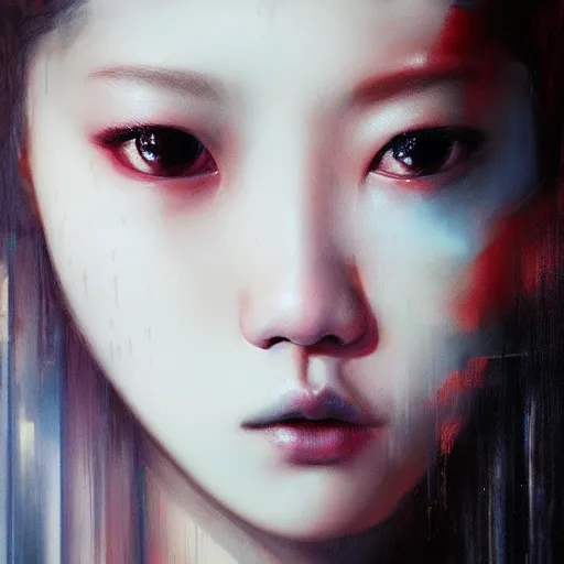 Image similar to jisoo of blackpink, hyperrealistic portrait, bladerunner street, by karol bak and agnes cecile, fantasy art, photo realistic, dynamic lighting, artstation, poster, volumetric lighting, very detailed face, 8 k, award winning