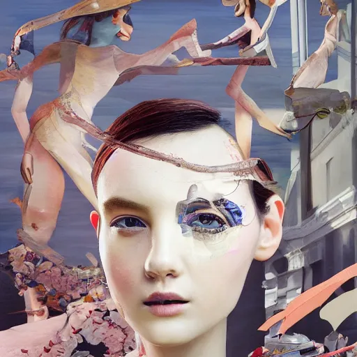 Image similar to 3 d, happy fashion model looks into the frame, intricate oil painting, high detail, figurative art, multiple exposure, poster art, 3 d, by stanley kubrick and tooth wu and wlop and beeple