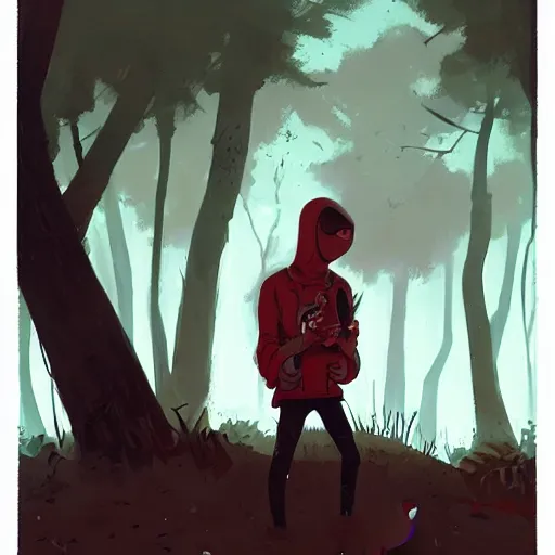 Prompt: boy with skull mask on the woods by atey ghailan, by greg rutkowski, by greg tocchini, by james gilleard, by joe fenton, by kaethe butcher, dynamic lighting, gradient red blue, brown, blonde cream and white color scheme, grunge aesthetic