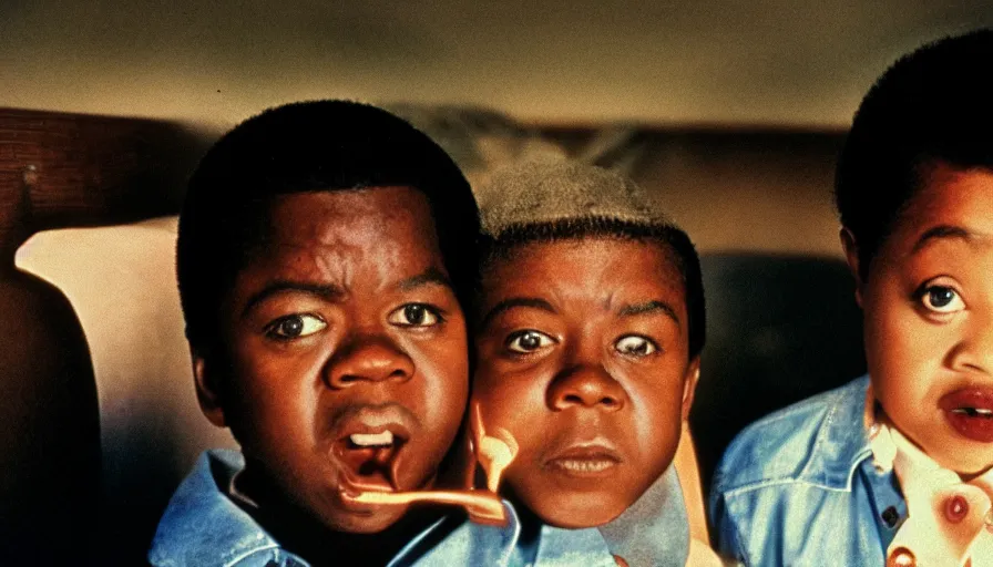 Prompt: 7 0 s film still from a horror movie of gary coleman and emmanuel lewis, kodachrome, cinecolor, cinestill, film grain, film texture, retro, cinematic, high resolution, photorealism,