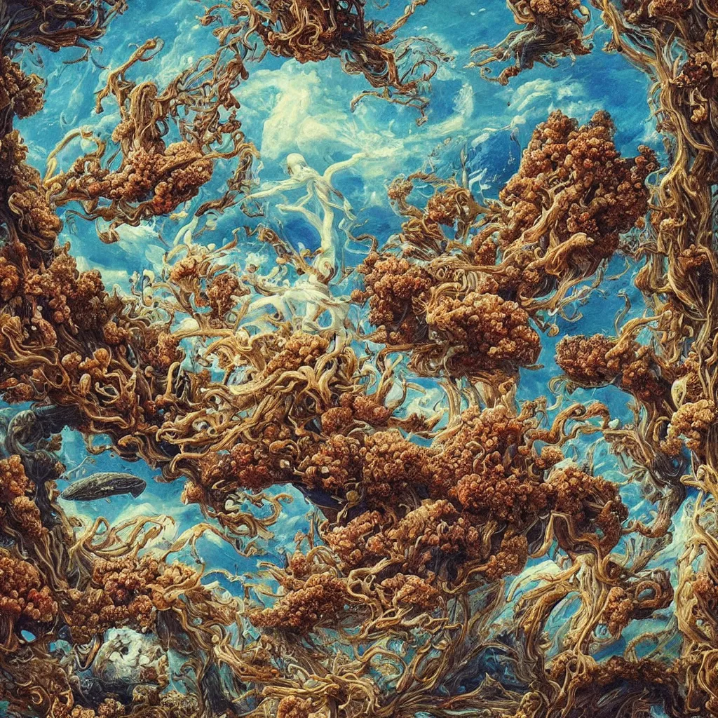 Prompt: beautiful and artistic mycelium on a fantastic planet and unusual inhabitants of the oceans, highly detailed, Allegorical Painting, Archean