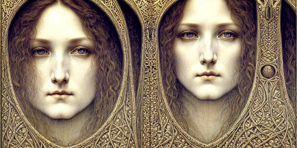 Image similar to detailed realistic beautiful young medieval queen face portrait by jean delville, gustave dore and marco mazzoni, art nouveau, symbolist, visionary, gothic, pre - raphaelite. horizontal symmetry