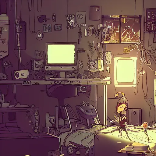 Image similar to a highly detailed illustration of a messy gamer's bedroom, tangled wires, dim lights, messy bed, a sink, cyberpunk, dystopian, artstation