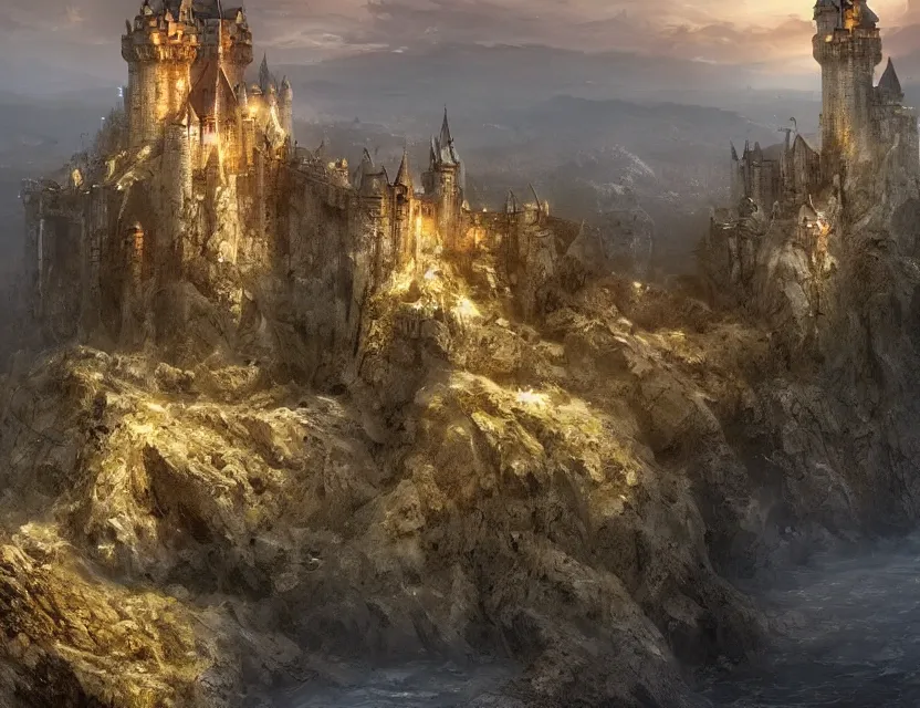 Image similar to High Fantasy solitary Castle!! on a plain near a river, Yellow roofs. Joyful matte painting by Darek Zabrocki and Emmanuel Shiu, 4k ultra detailed, great composition cinematic.