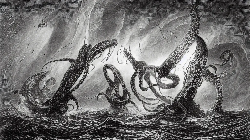 Image similar to drawing of one giant squid attacking one submarine, by gustave dore, nineteenth century, black and white, vintage, science fiction, epic composition, dramatic lighting, highly detailed, cinematic