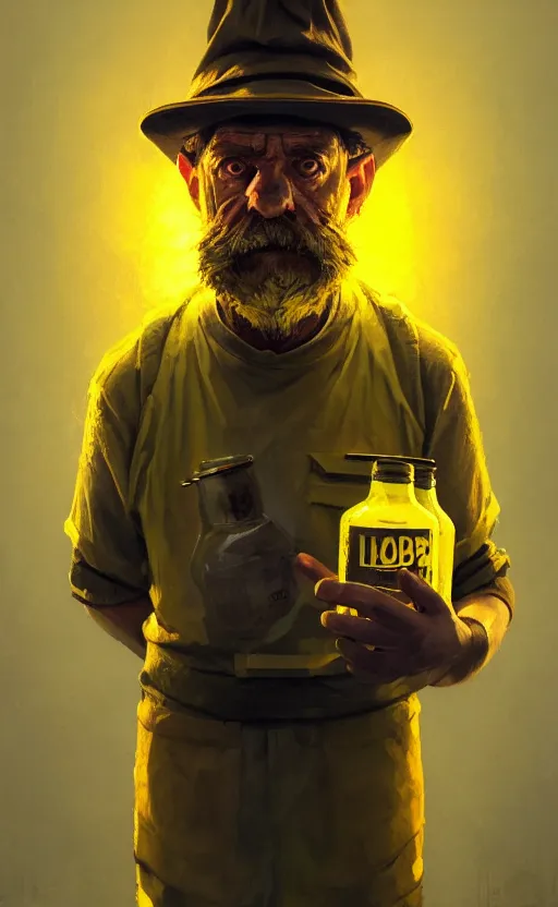 Image similar to hobocop with yellow plastic bag full of bottles from the disco elysium, concept art by aleksander rostov, oil painting, artstation trending, symmetry, awesome exposition, very detailed, highly accurate, intricate, professional lighting diffracted lightrays, 8 k, sense of awe, gamers magazine cover