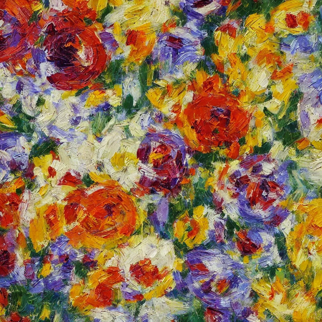 Prompt: close up of large flower with hundreds if petals painted in the style of the old masters, painterly, thick heavy impasto, expressive impressionist style, painted with a palette knife