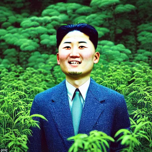 Image similar to colour araki nobuyoshi style close - up photography of detailed north korean kim chen with detailed smiling face, smelling detailed weed bush