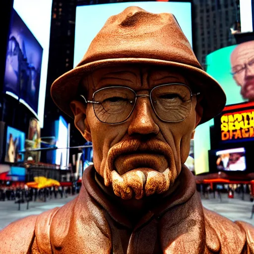 Image similar to a long shot of a very detailed renaissance sculpture of walter white in a hat standing in times square, made by michelangelo, hyper detailed, sharp focus, 8 k resolution