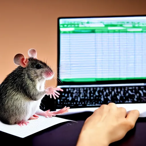 Prompt: a rat sitting at a computer typing on an excel spreadsheet