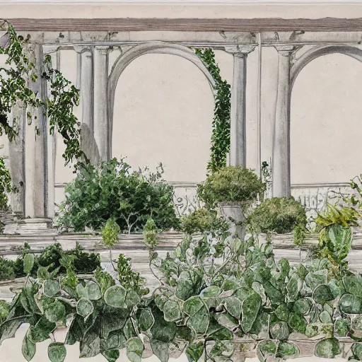 Image similar to delicate marble white garden on paper floating puffy vines botanical 1 9 2 0 herbarium botanic watercolors river rain iridescent 8 k wide angle realistic shaded fine details, artstation italian rainbow colonnade oak pinecone gardena architecture pompeii