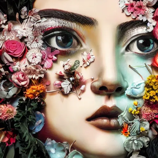 Prompt: A beautiful sculpture by Sandra Chevrier, background flowers by Zhang Jingna, 50mm