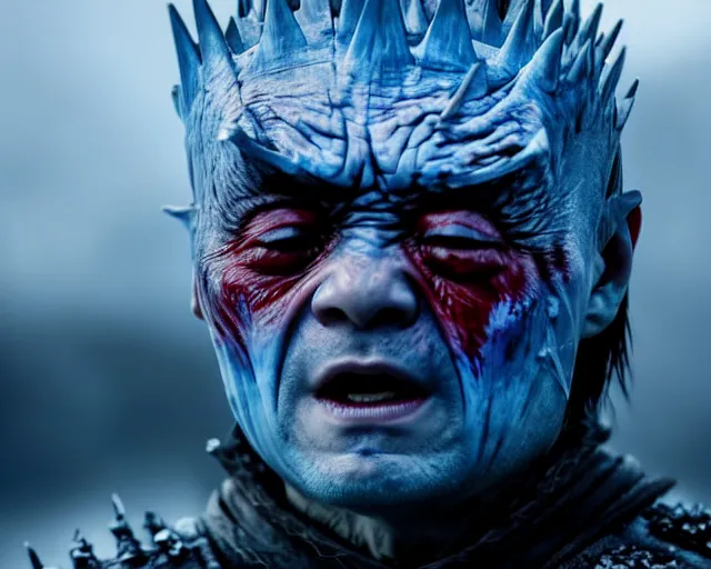 Prompt: ugly - cryer crying justin sun as night king in game of thrones, stunning tears, crimson - black bee army behind, 4 k, epic, cinematic, focus, movie still, fantasy, extreme detail, atmospheric, dark colour, sharp focus