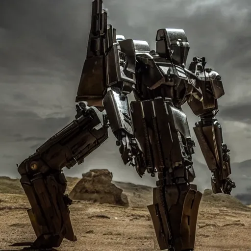 Image similar to cinematic still in westworld and real steel movie and pacific rim movie, one slim full body ornate armored core with sci - fi rifle arms by fujioka kenki and by mamoru nagano,