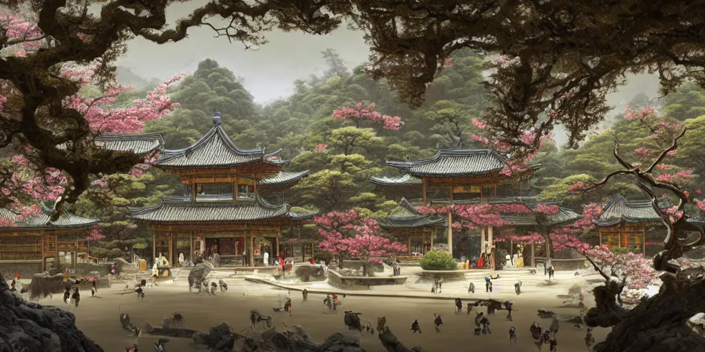 Image similar to a street in a ancient chinese characteristics. it has a high degree of fantasy. cherry blossom forest, there are pavilions in the air, koi jumping in the air, and fairy birds and animals such as cranes and deer coexist with people. it is the life scene of the ancient people, a detailed matte painting by christophe vacher and albert bierstadt