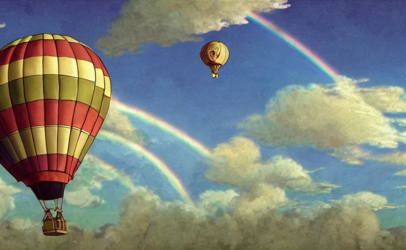 Image similar to a single steampunk hot air balloon flying through the sky with fluffy white clouds and a double rainbow, detailed digital concept art, 4 k movie still, by studio ghibli and winsor mccay