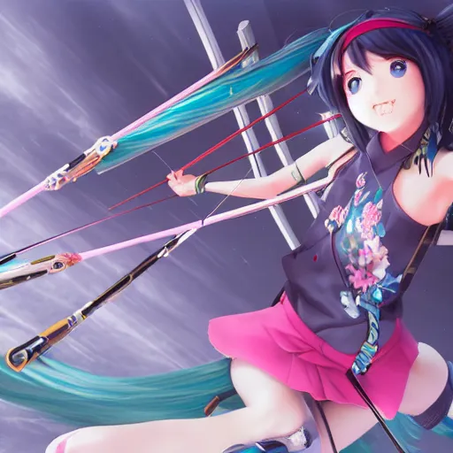 Image similar to hatsune miku and gumi archery lesson, made by stanley artgerm lau, wlop, rossdraws, artstation, cgsociety, concept art, cgsociety, octane render, trending on artstation, artstationhd, artstationhq, unreal engine, 4 k, 8 k,