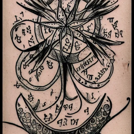 Prompt: Voynich manuscript tattoo drawing