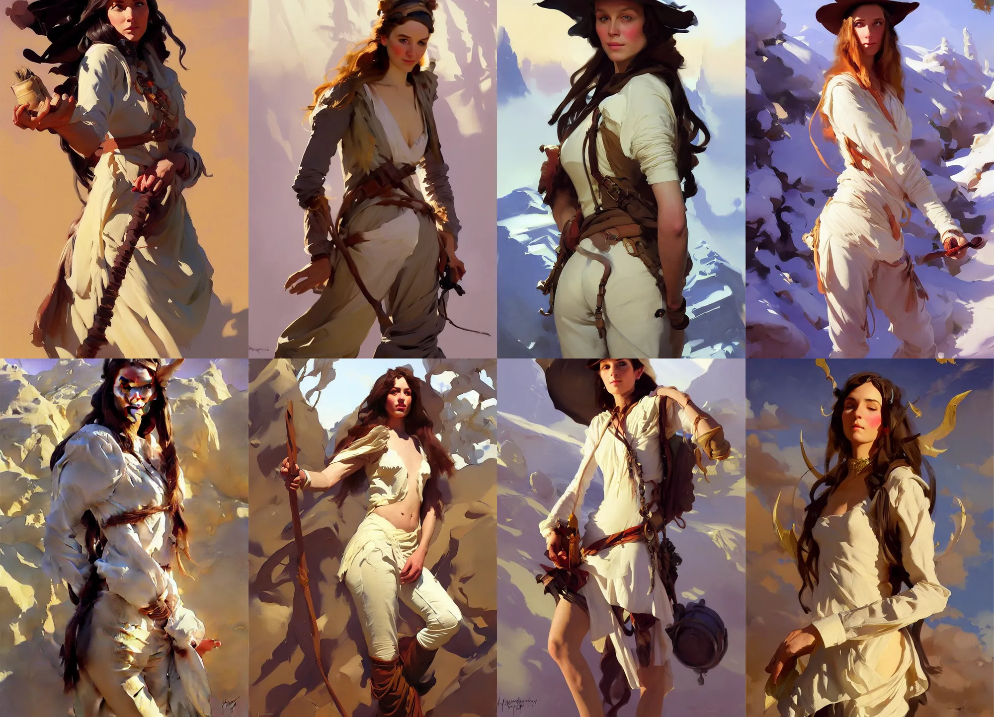 Prompt: in full growth portrait of hippie model girl jodhpurs hyperborea winter traveler treasure hunter greg manchess painting by sargent and leyendecker, fantasy, medium shot, asymmetrical, intricate, elegant, matte painting, illustration, hearthstone, by rhads, by greg rutkowski, by greg tocchini, by james gilleard, by joe fenton