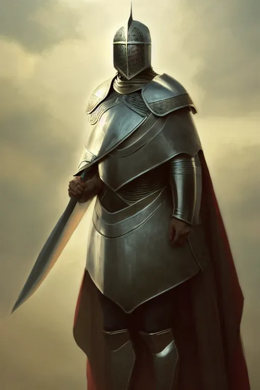 Image similar to white man looking forward in decorated plate armor, cylindrical crusader great helm covering all his head and white silk cape covering his elbows drawn by greg rutkowski realistic high detail