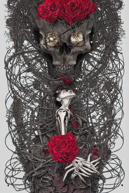 Prompt: roses growing from the skeleton frame, carol, by damien hirst and alexander mcqueen and peter gric and takato yamamoto and zdzisław beksinski and laurie lipton and victo ngai and esao andrews, trending on artstation