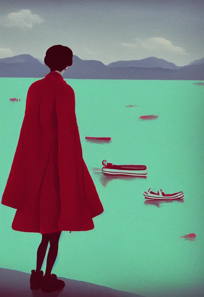 Image similar to wide shot rear view holding dslr camera photographer woman hair in a bun kanzashi long red pattern coat backpack sneakers looking out over a placid lake, a character design painting, in the style of wes anderson, lola dupre, david hockney, isolated on negative white space background dark monochrome neon fluorescent spraypaint accents volumetric octane render, no double