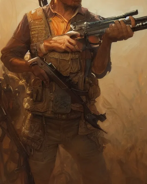 Prompt: a man with rifle in hand eating a pizza, scar under eye, cover page very intricate | cinematic lighting | award - winning | closeup portrait | by donato giancola and mandy jurgens and charlie bowater | featured on artstation