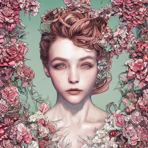 Image similar to the portrait of an absurdly beautiful, graceful, elegant, sophisticated, fashionable woman made of strawberries and white petals looking down, an ultrafine hyperdetailed illustration by kim jung gi, irakli nadar, intricate linework, bright colors, octopath traveler, final fantasy, unreal engine 5 highly rendered, global illumination, radiant light, detailed and intricate environment