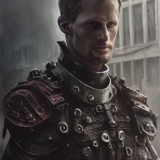 Image similar to alexander skarsgard portrait, dystopia core, apocalyptic, armor, warrior, dramatic, sharp focus, fiction, neon, fantasy, hyper detailed, digital art, trending in artstation, cinematic lighting, studio quality, smooth render, unreal engine 5 rendered, octane rendered, art style and nixeu and wlop and krenz cushart
