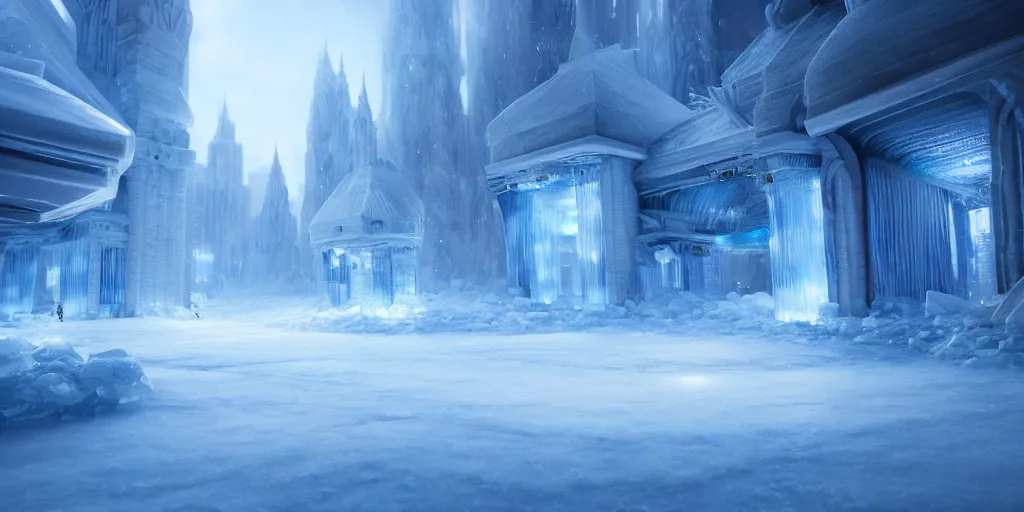 Image similar to inside an ethereal ice city, highly detailed, 4 k, hdr, award - winning, octane render, artstation
