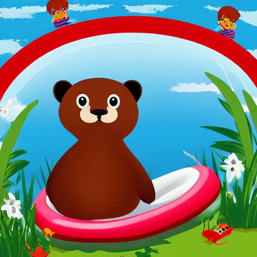 Prompt: beaver on a fun plastic floatie in a lake. digital illustration.