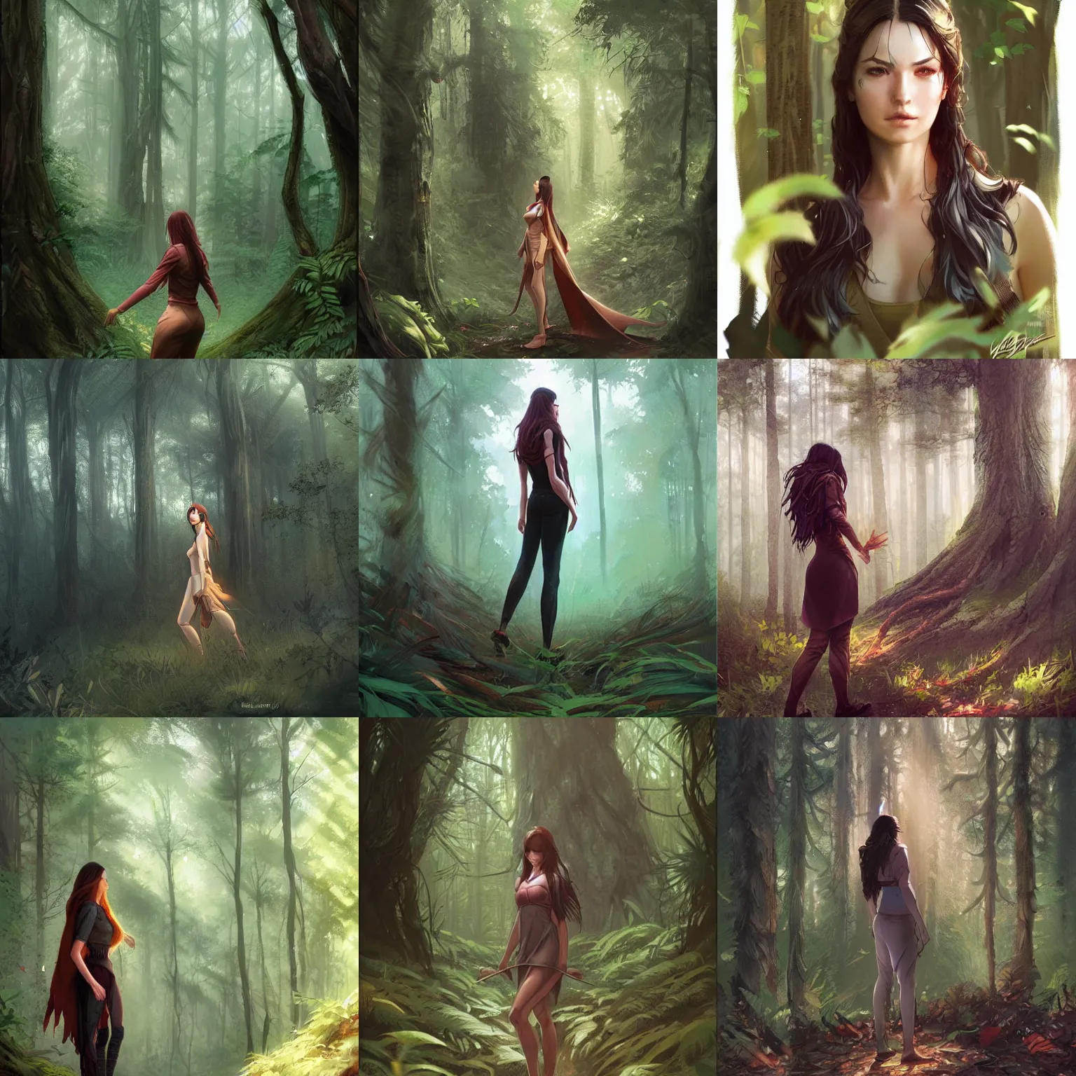 Prompt: a woman standing in a forest, art by artgerm and greg rutkowski and vasiliy kovpak